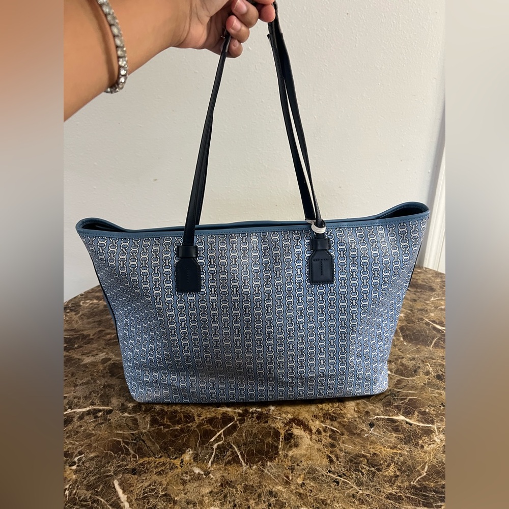 Tory Burch Gemini Link Blue Canvas Stripe Tote Bag - Picture 3 of 11